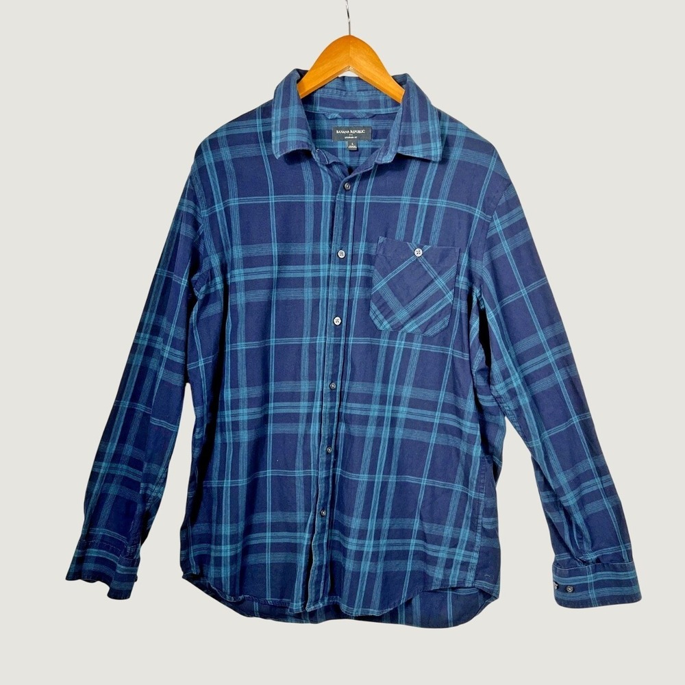 Banana Republic Shirt Mens L Blue Plaid Standard Fit Cotton Button Down Casual